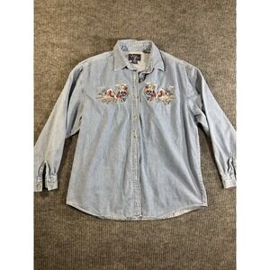 Quix Again New York Blue Denim Embroidered Aviation Button-Up Shirt XL